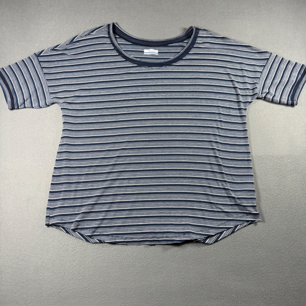 Columbia Womens PFG T-Shirt XL Navy Blue White Striped Short Sleeve Fishing Top
